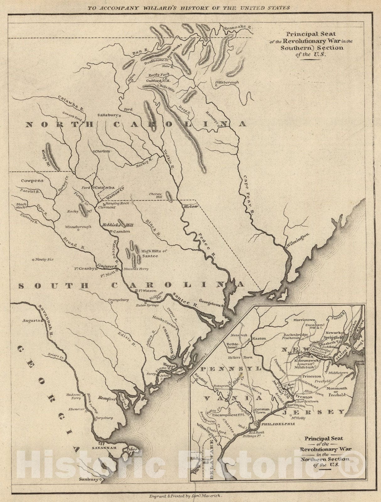 Historic Map : Principal Seat of the Revolutionary War in the Southern Section of the U.S., 1829, Vintage Wall Art