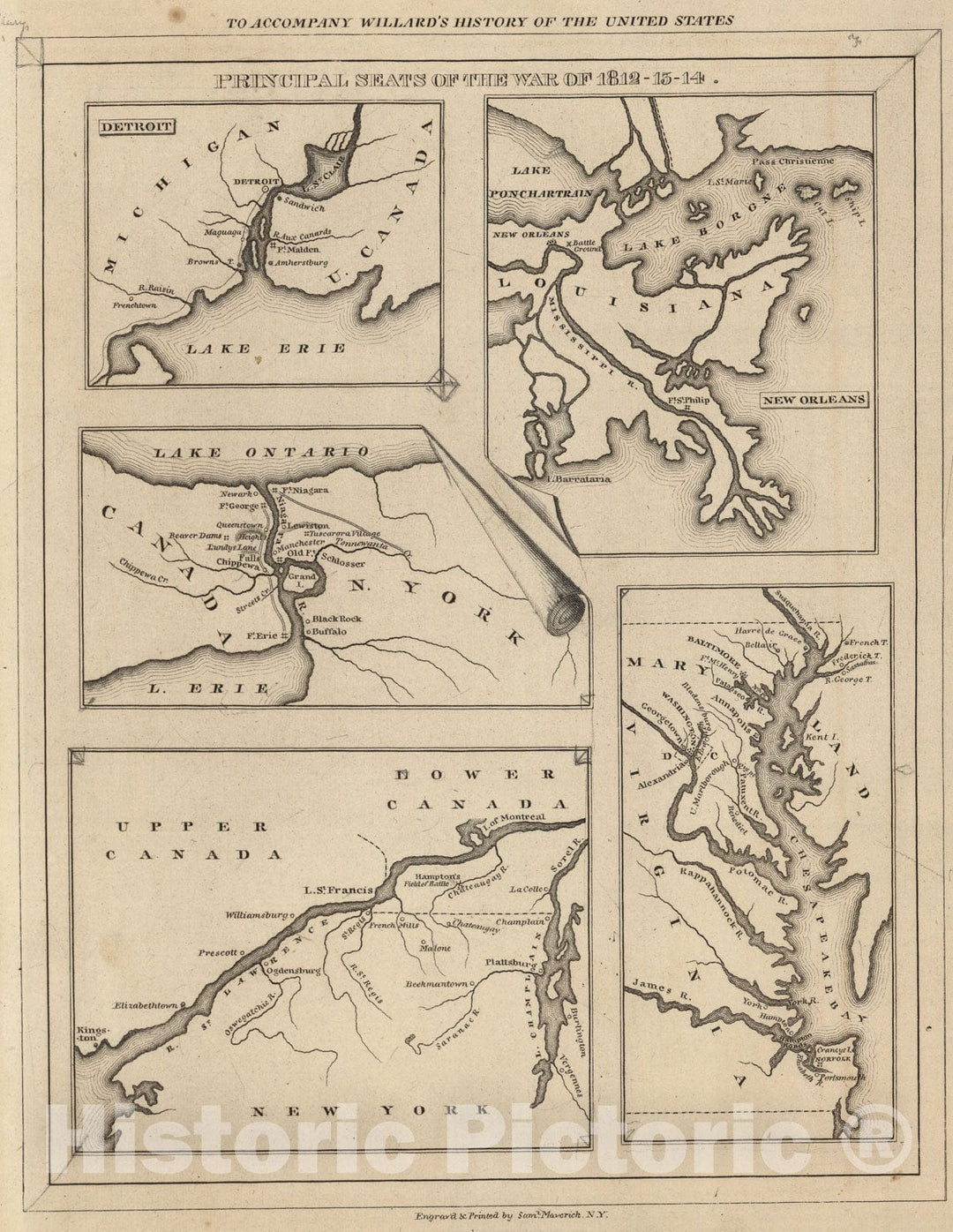 Historic Map : Principal Seat of the War of 1812-13-14, 1829, Vintage Wall Art