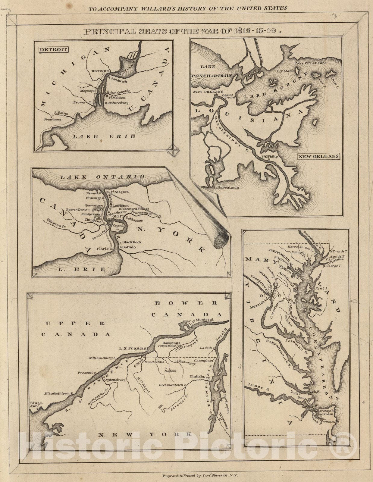 Historic Map : Principal Seat of the War of 1812-13-14, 1829, Vintage Wall Art