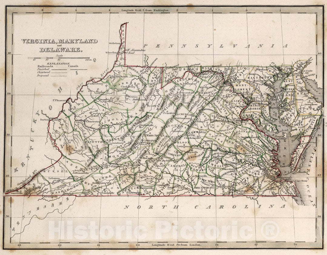 Historic Map : Virginia, Maryland and Delaware, 1838, Vintage Wall Art