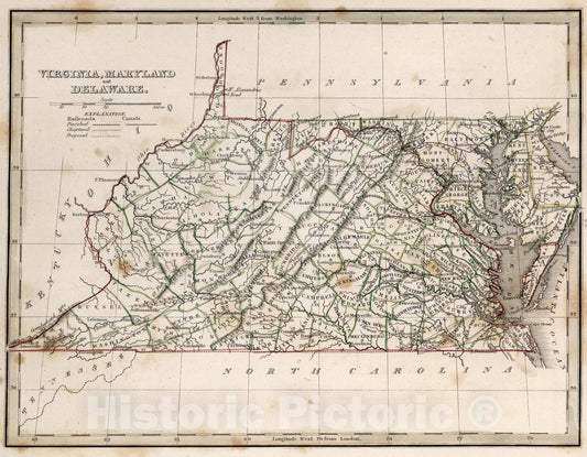 Historic Map : Virginia, Maryland and Delaware, 1838, Vintage Wall Art
