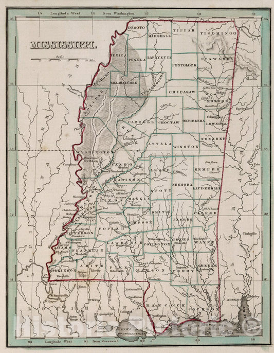 Historic Map : Mississippi, 1838, Vintage Wall Art