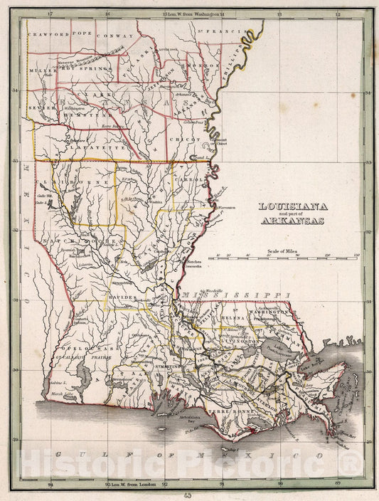 Historic Map : Louisiana and part of Arkansas, 1838, Vintage Wall Art