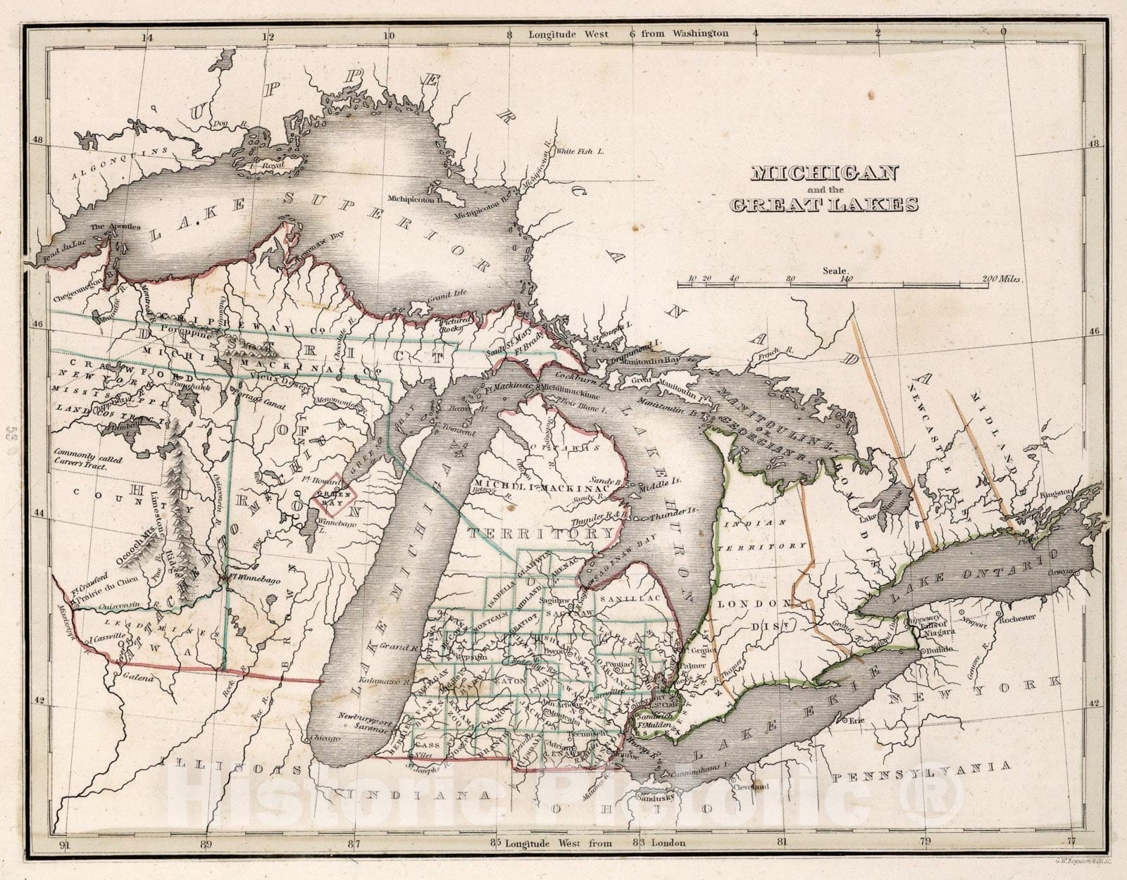 Historic Map : Michigan and the Great Lakes, 1838, Vintage Wall Art