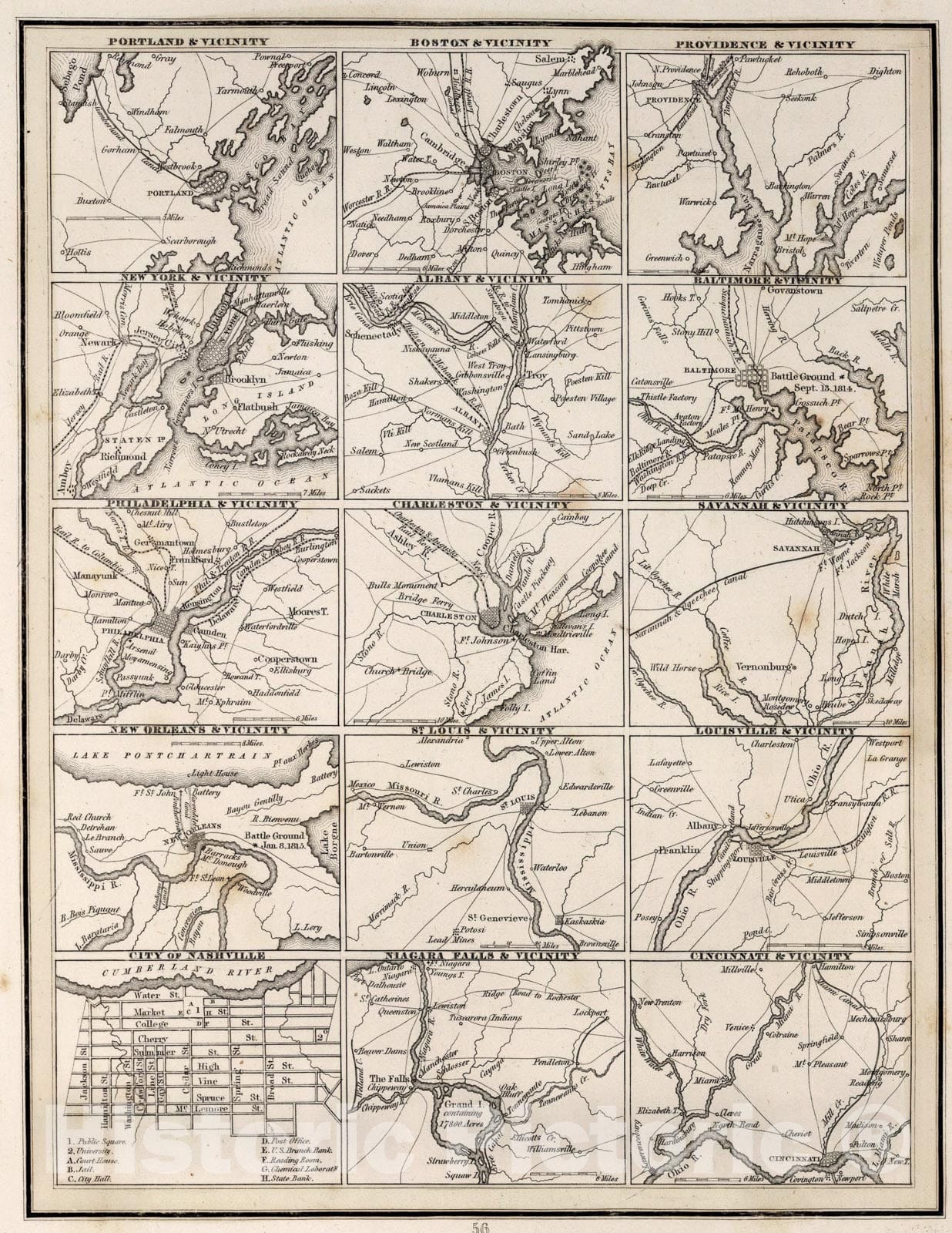 Historic Map : Plan of the principal cities in the United States, 1838, Vintage Wall Art