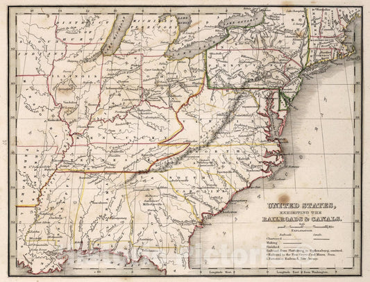 Historic Map : United States, exhibiting the railroads & canals., 1838, Vintage Wall Art
