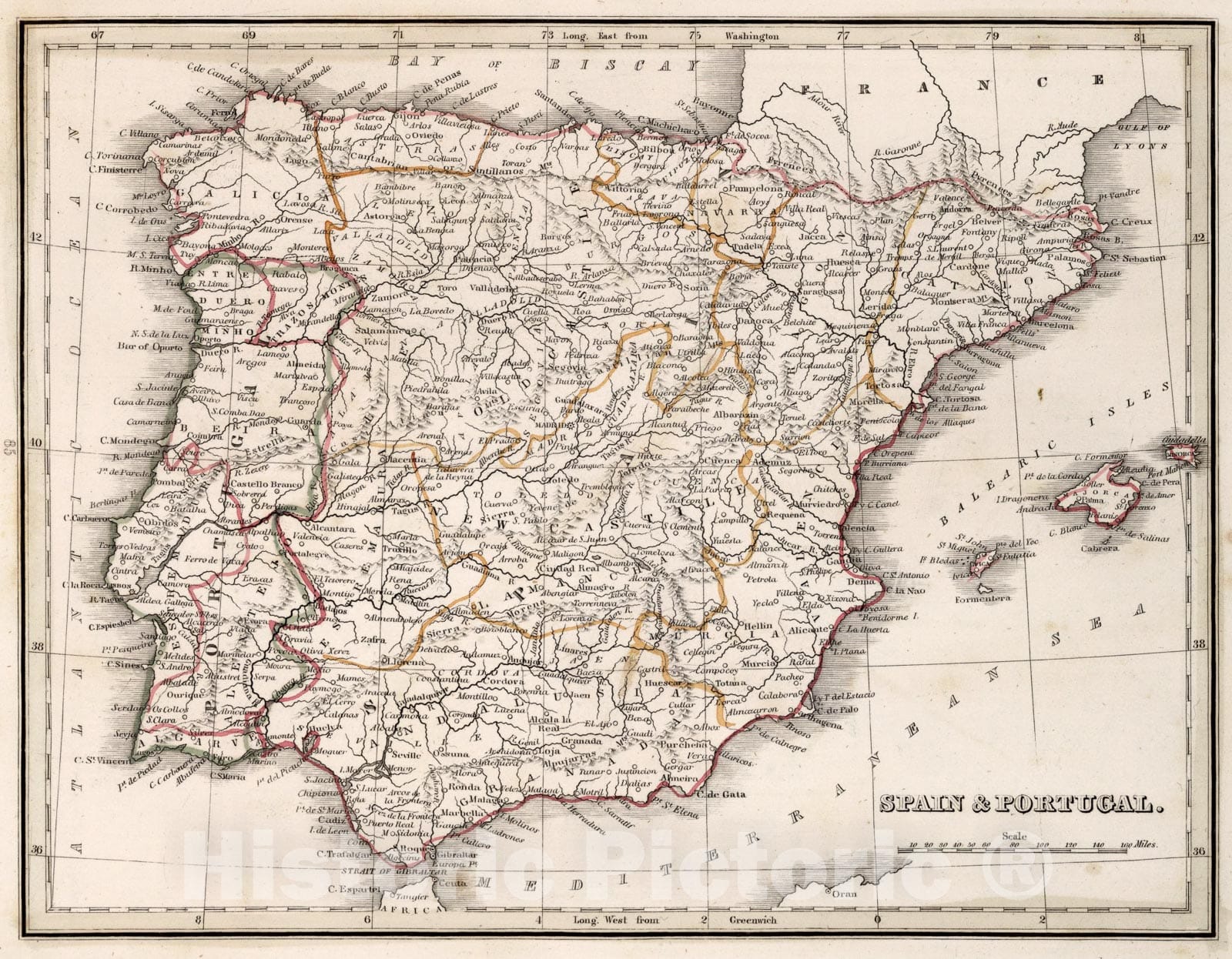 Historic Map : Spain and Portugal, 1838, Vintage Wall Art