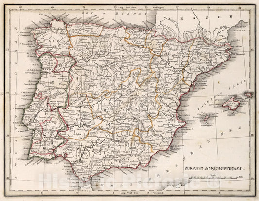 Historic Map : Spain and Portugal, 1838, Vintage Wall Art