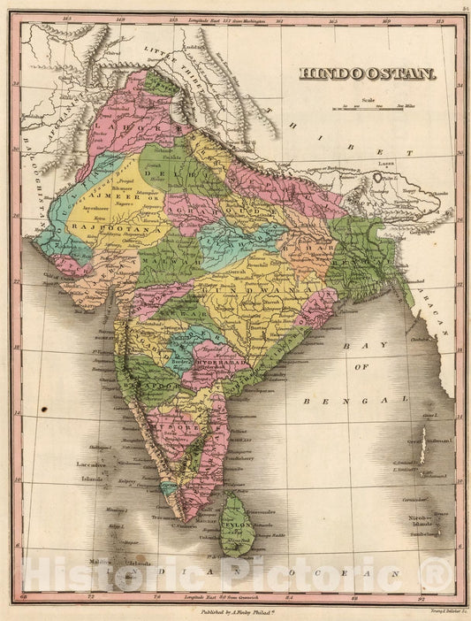 Historic Map : Hindoostan., 1824, Vintage Wall Art