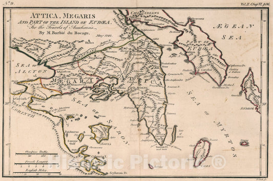 Historic Map : Attica, Megaris and part of the Island of Euboea. No. 9, 1785, Vintage Wall Art