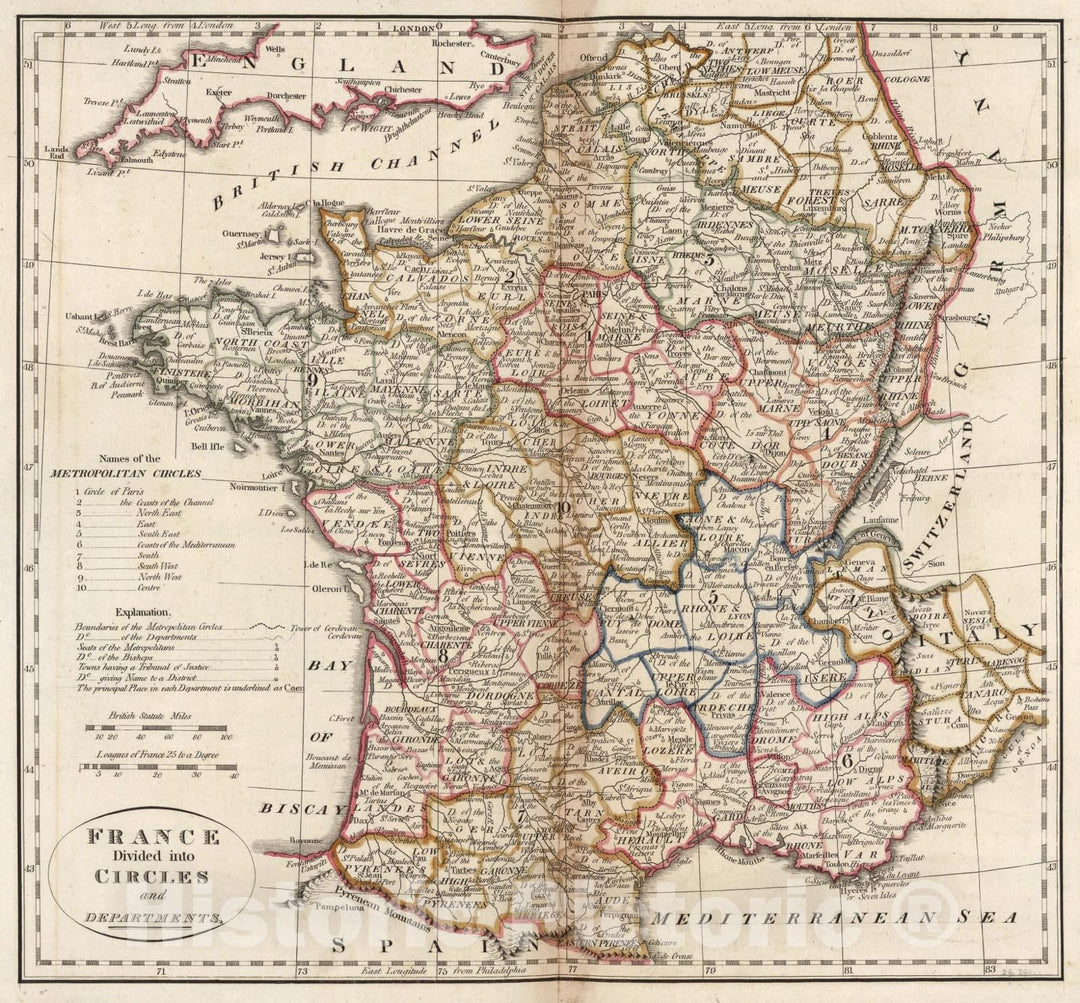 Historic Map : France Divided into Circles and Departments., 1818, Vintage Wall Art