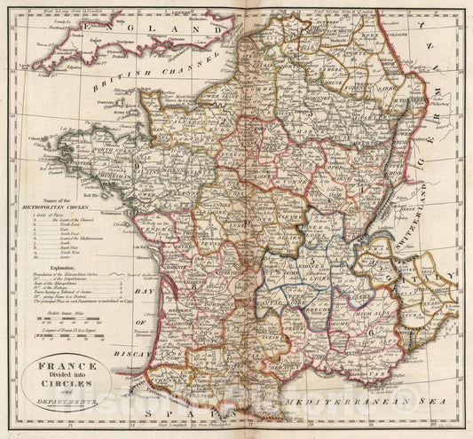 Historic Map : France Divided into Circles and Departments., 1818, Vintage Wall Art