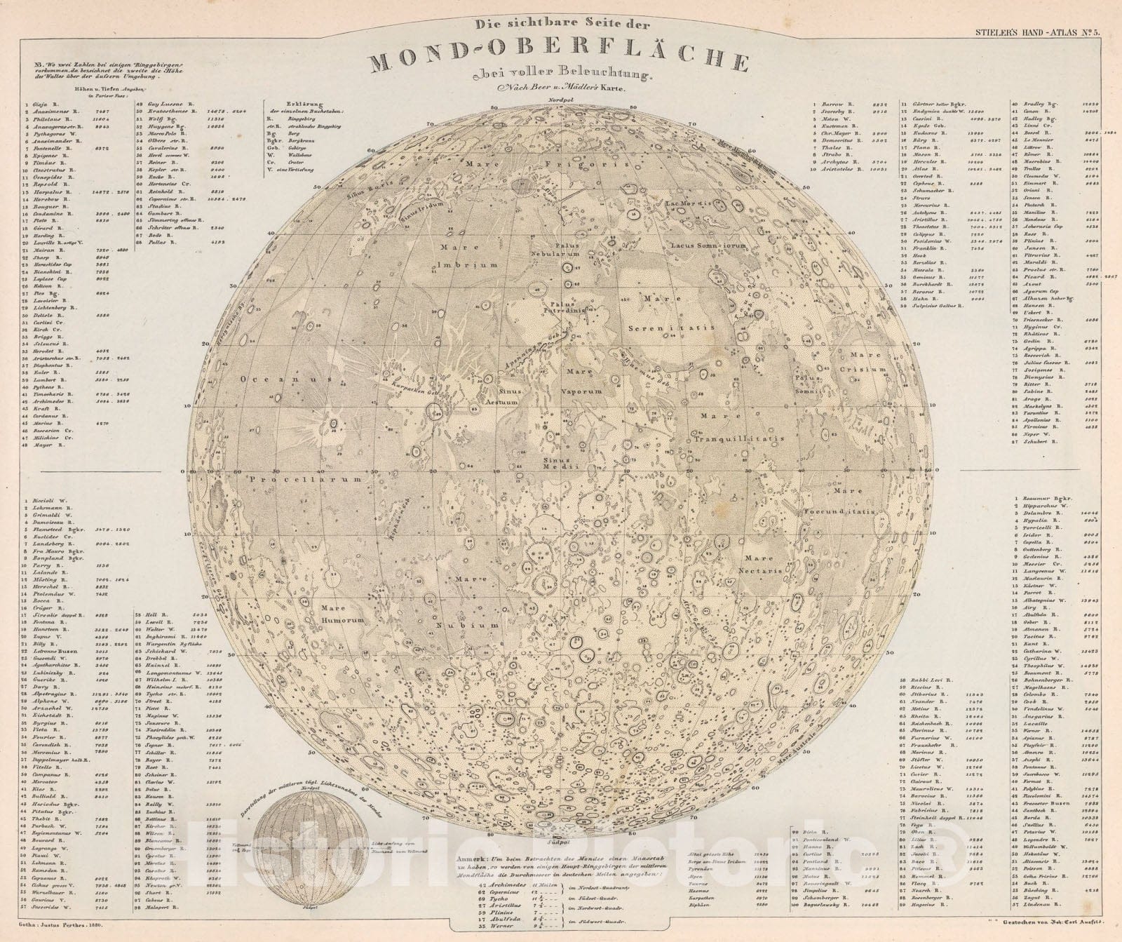 Historic Map : Die sichtbare Seite der Mond-Oberfkaeche (Moon)., 1880, Vintage Wall Art