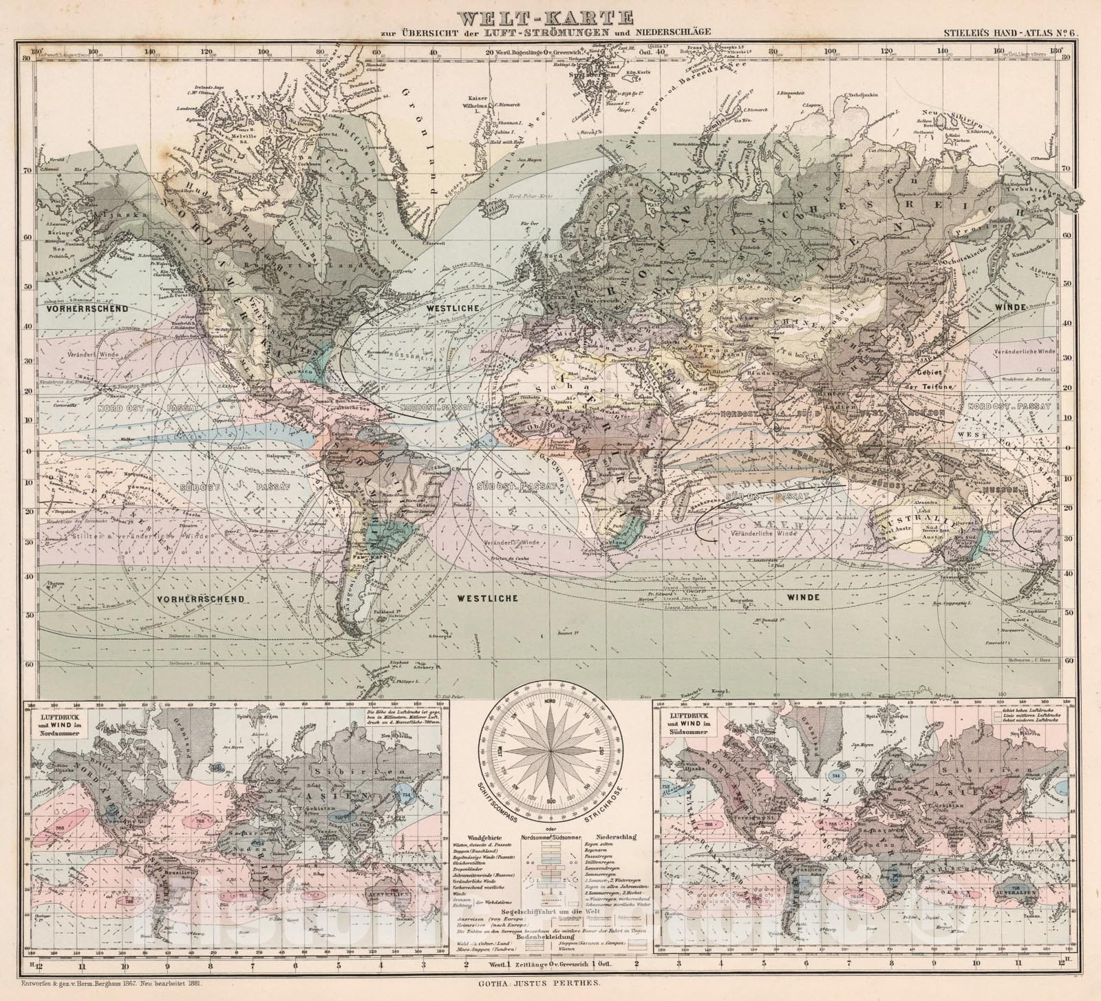 Historic Map : Welt-Karte zur Ubersicht der Luft-Stromungen und Niederschlage (Winds and Rainfall)., 1880, Vintage Wall Art