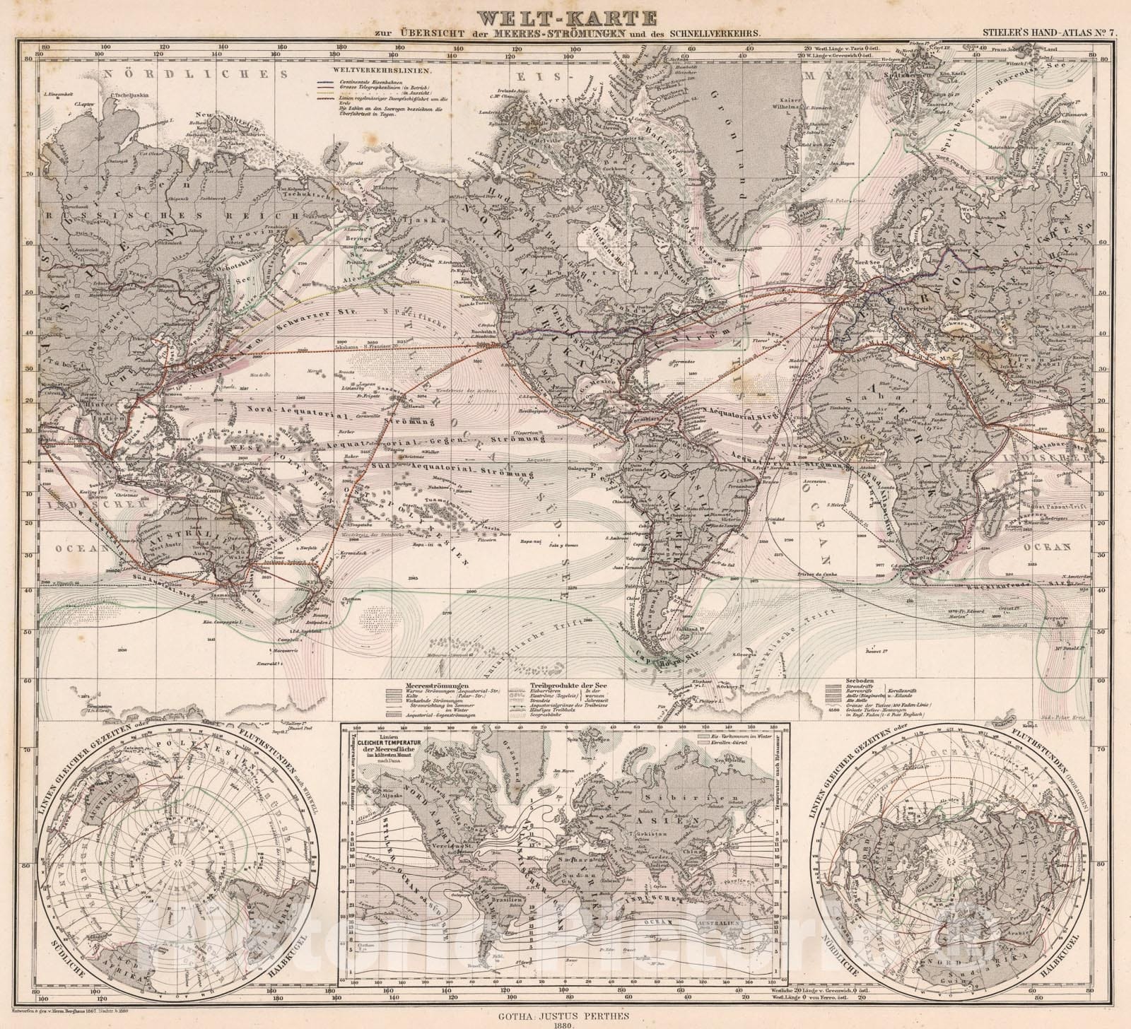 Historic Map : Welt-Karte zur Ubersicht der Meeres-Stromungen und der Schnellverkehrs. (Land and Sea Routes)., 1880, Vintage Wall Art