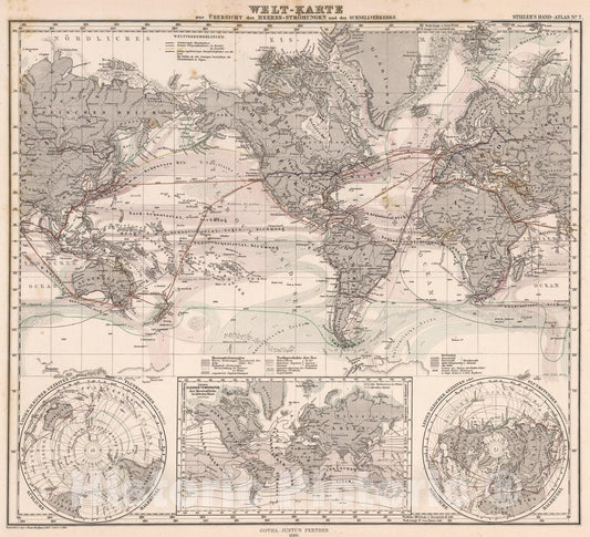 Historic Map : Welt-Karte zur Ubersicht der Meeres-Stromungen und der Schnellverkehrs. (Land and Sea Routes)., 1880, Vintage Wall Art