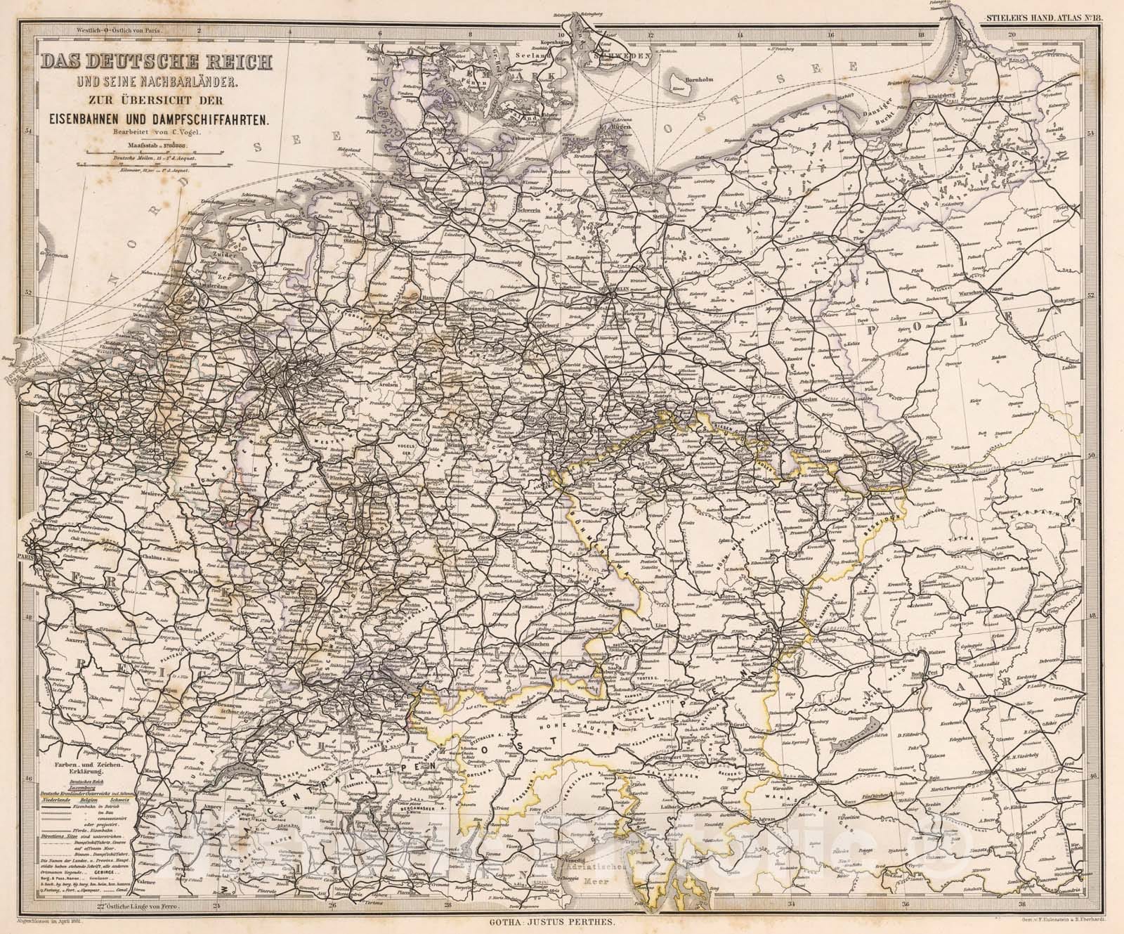 Historic Map : Das Deutsche Reich und Seine Nachbarlander (German Reich and Neighbors - Railways and Stemship Routes)., 1881, Vintage Wall Art