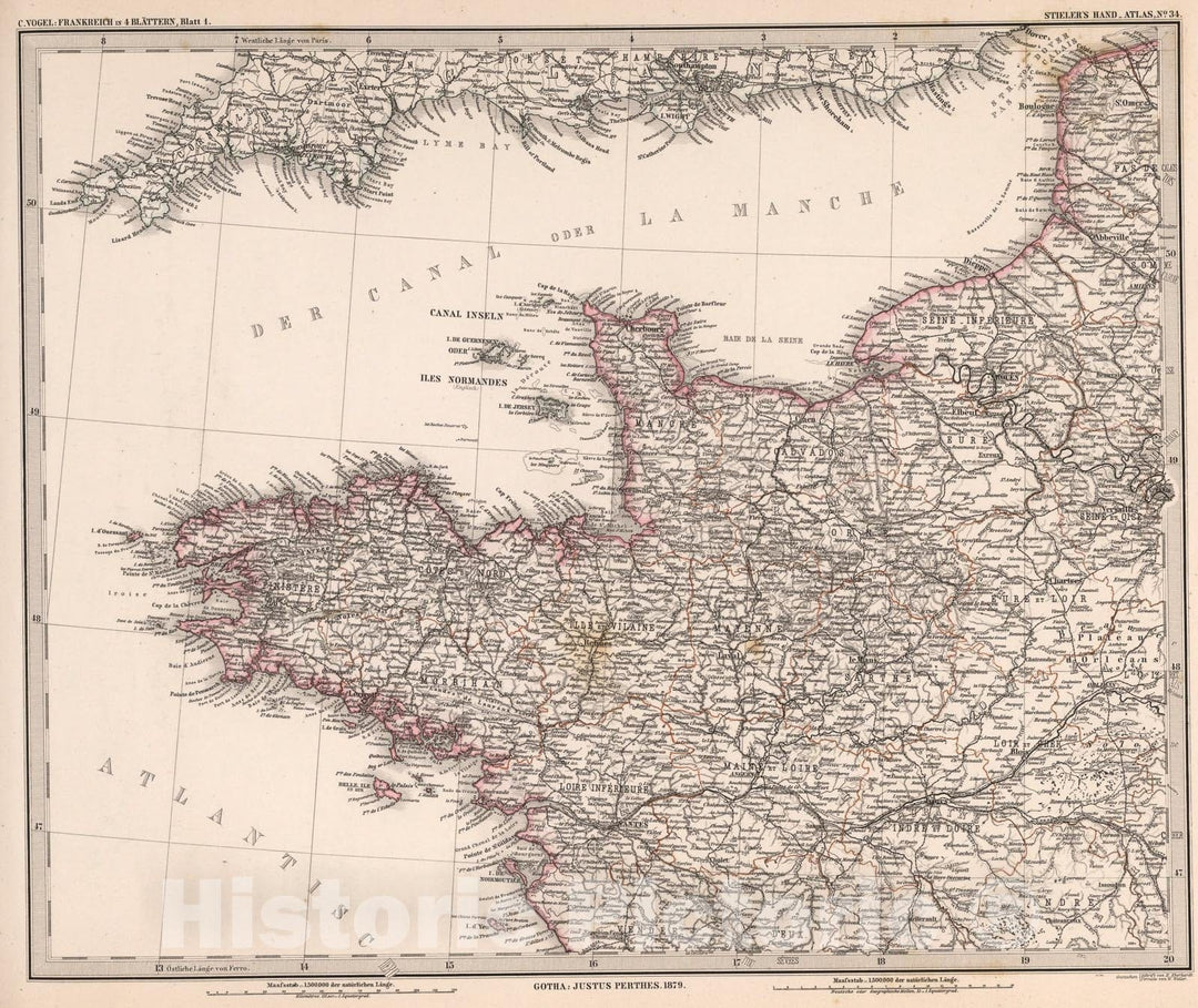 Historic Map : Frankreich in four Blattern, Blatt 1. (France in four Sheets, Sheet 1)., 1879, Vintage Wall Art