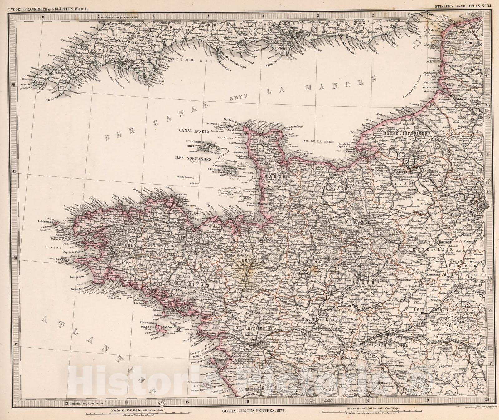 Historic Map : Frankreich in four Blattern, Blatt 1. (France in four Sheets, Sheet 1)., 1879, Vintage Wall Art