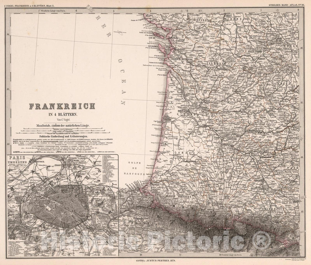 Historic Map : Frankreich in four Blattern, Blatt 3. (France in four Sheets, Sheet 3)., 1879, Vintage Wall Art