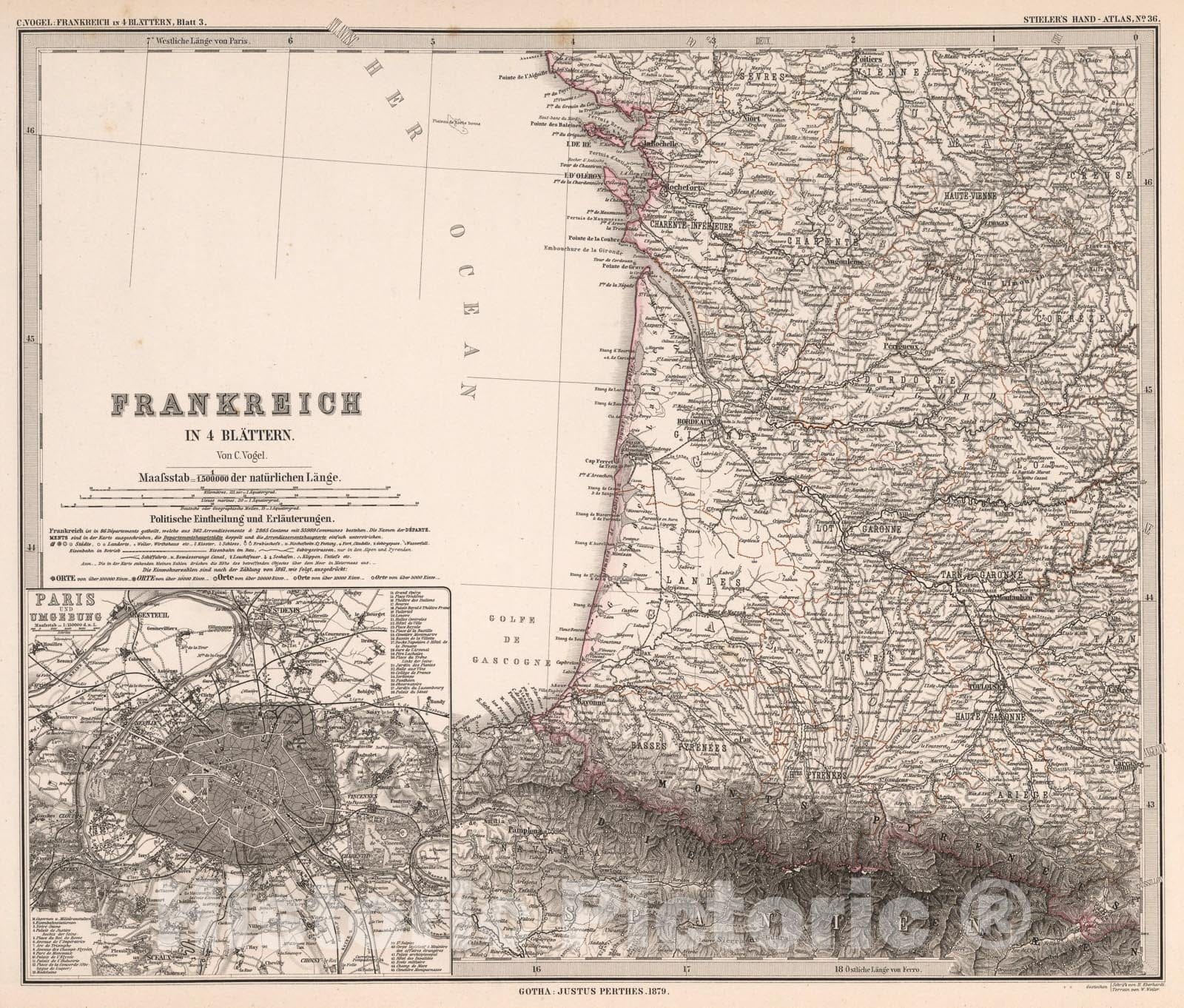 Historic Map : Frankreich in four Blattern, Blatt 3. (France in four Sheets, Sheet 3)., 1879, Vintage Wall Art
