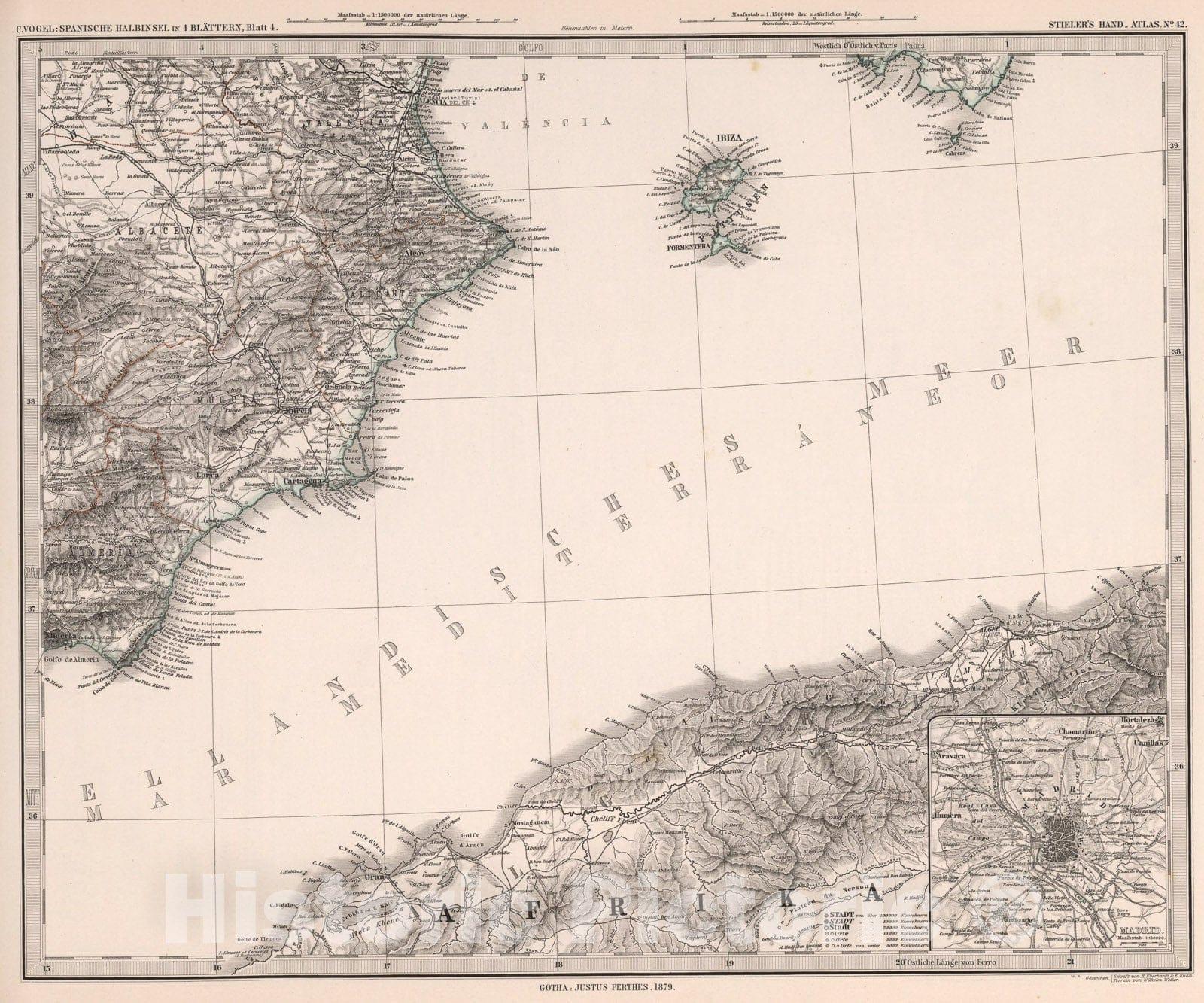 Historic Map : Spanien und Portugal in IV Blattern, Blatt 4. (Spain and Portugal)., 1879, Vintage Wall Art