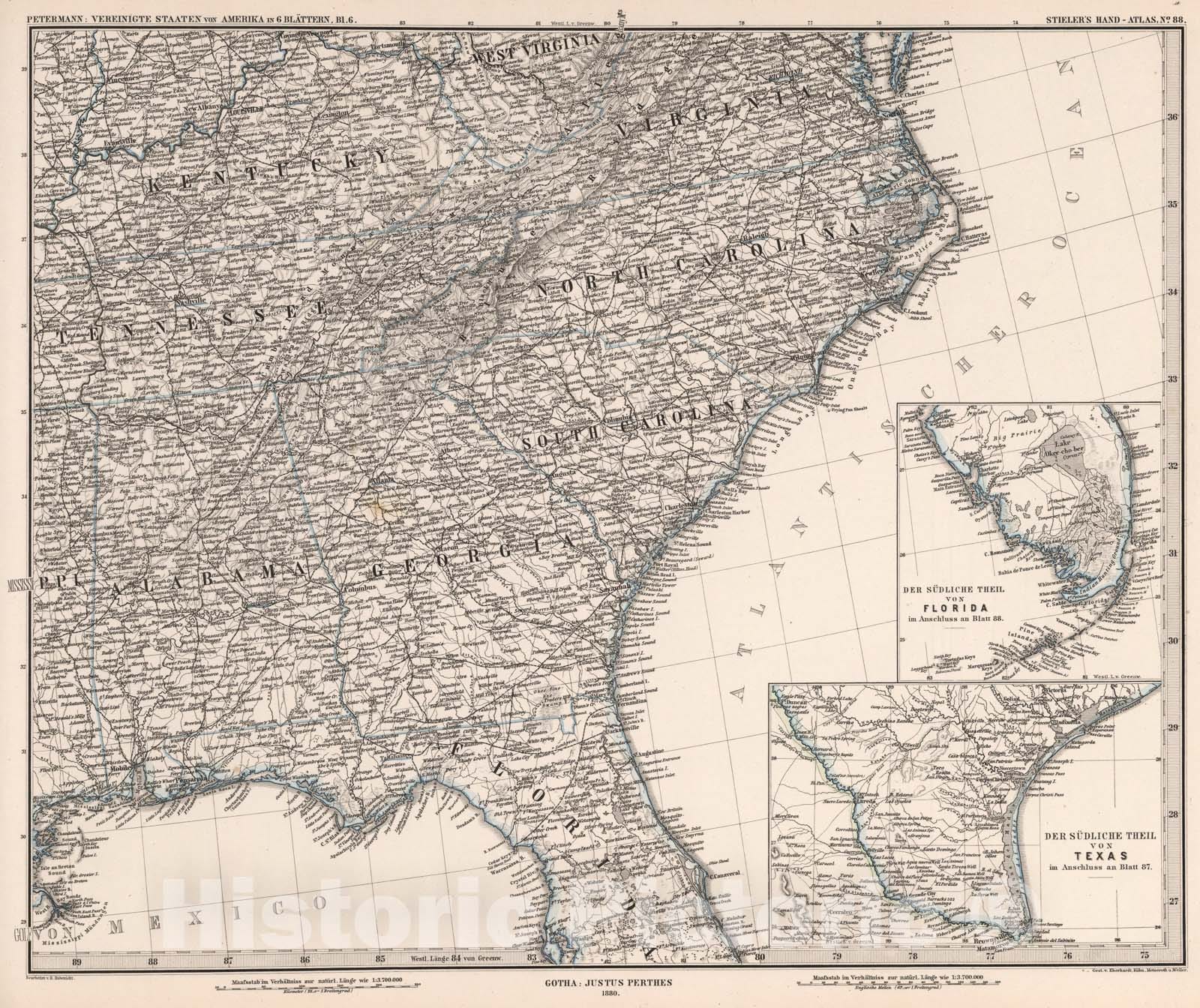 Historic Map : Vereinigte Staaten von Amerika in six Blattern, Blatt six. (United Sates, Sheet six)., 1880, Vintage Wall Art
