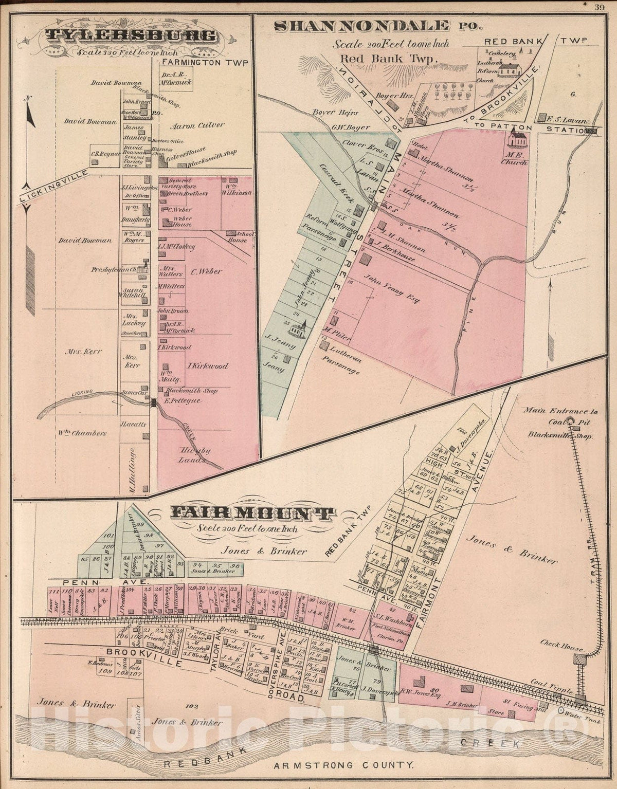 Historic Map : Tylersburg. Shannondale. Fairmount (Fairmount City), Pennsylvania., 1877, Vintage Wall Art