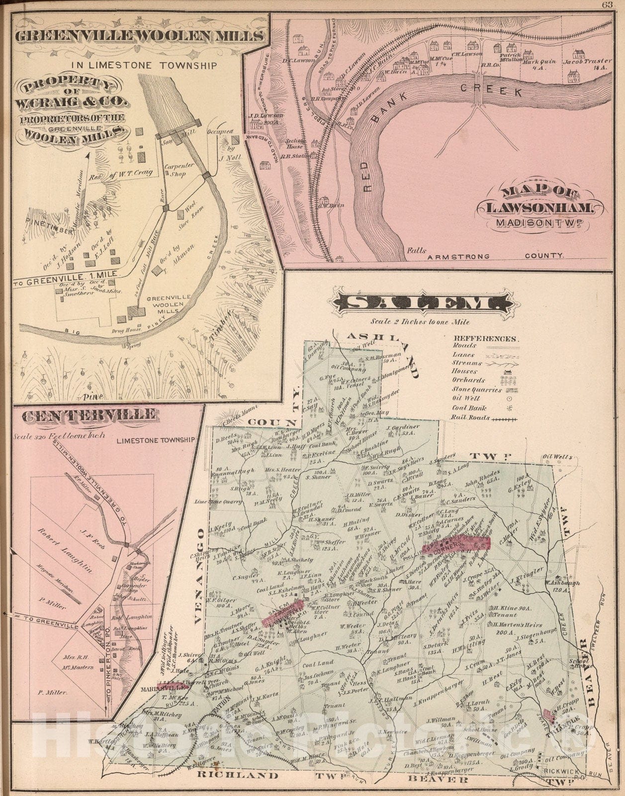 Historic Map : Salem, Clarion County, Pennsylvania. Greenville Woolen Mills. Map of Lawsonham. Centerville (Frogtown)., 1877, Vintage Wall Art