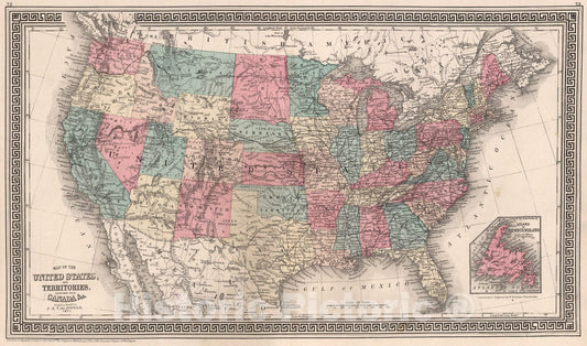 Historic Map : Map of the United States And Territories, Together with Canada &c. (), 1860, , Vintage Wall Art