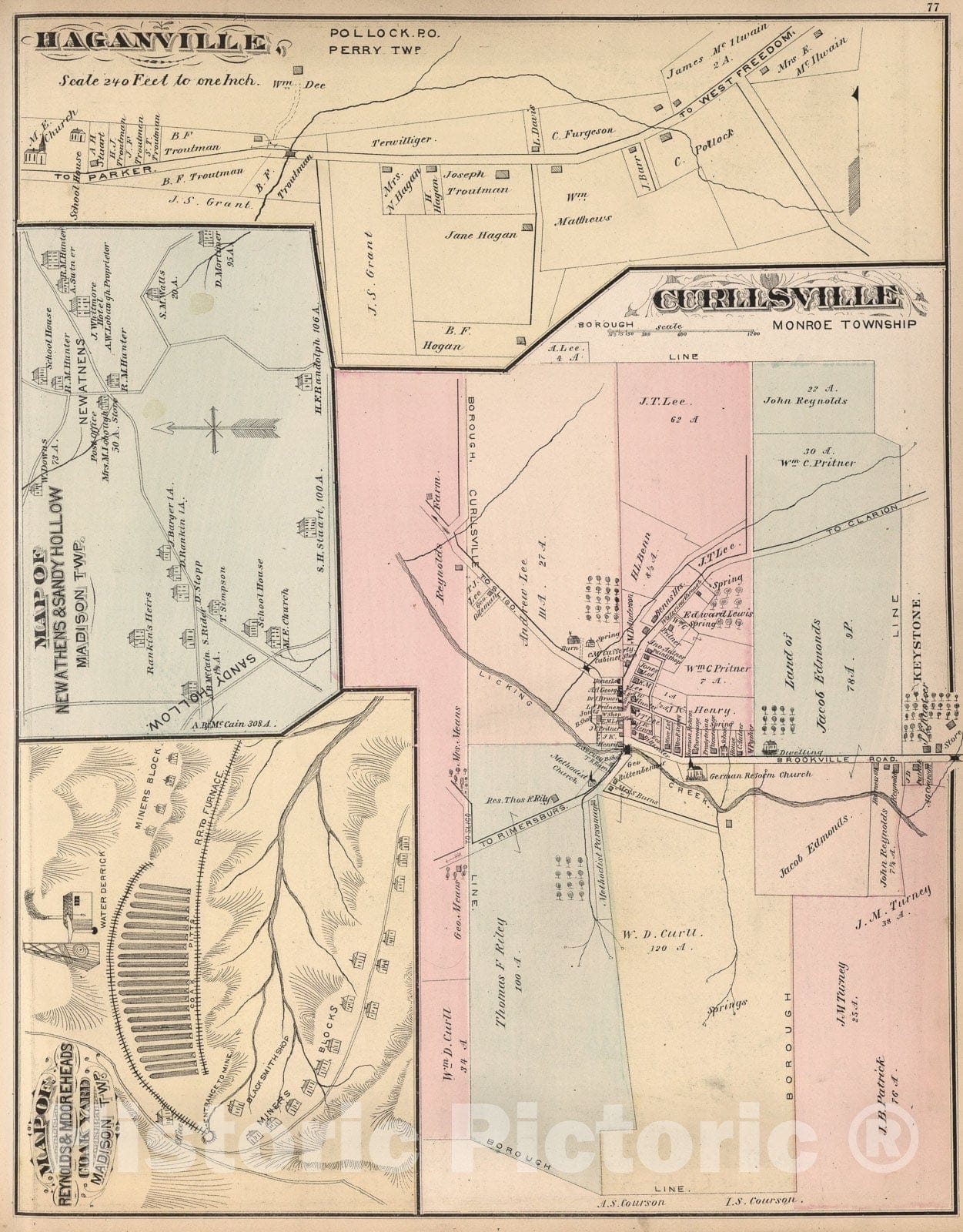 Historic Map : Haganville, Pennsylvania. Curllsville. Map of New Athens & Sandy Hollow. Reynolds & Mooreheads Coak Yard., 1877, Vintage Wall Art