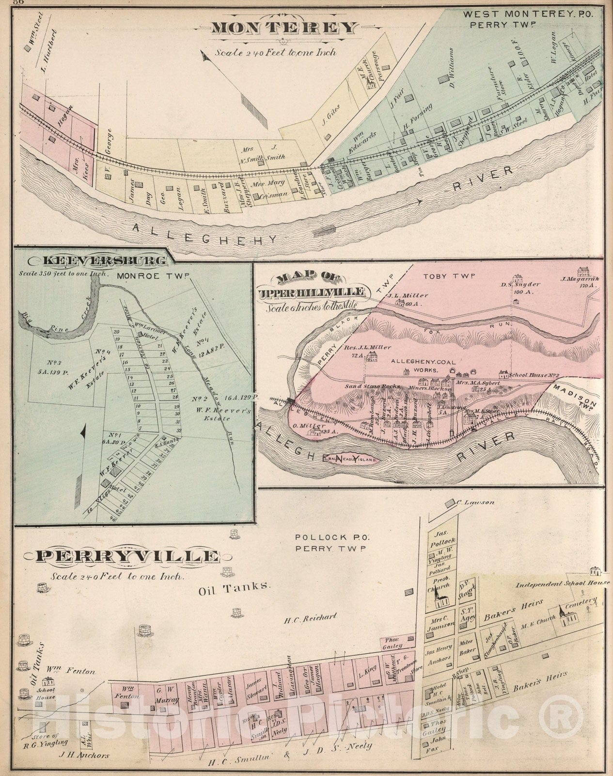 Historic Map : Monterey. Keeversburg. Map of Upper Hillville. Perryville, Pennsylvania., 1877, Vintage Wall Art