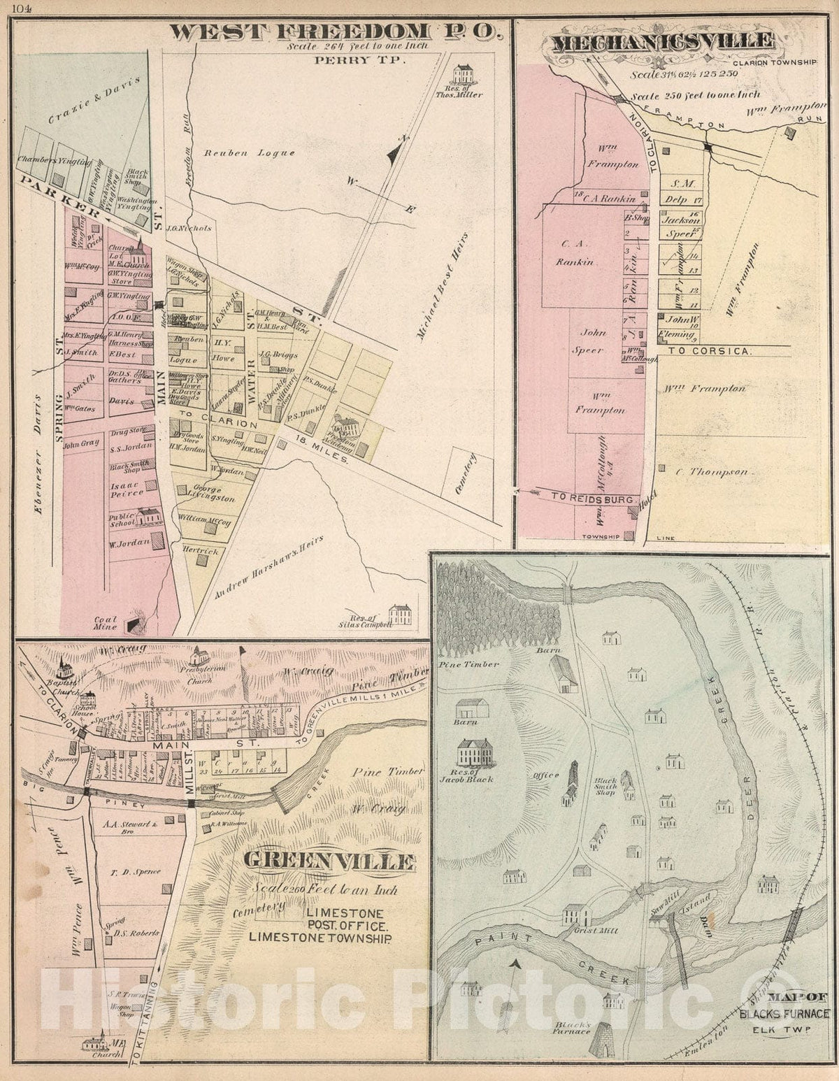 Historic Map : West Freedom P.O. Mechanicsville, Pennsylvania. Greenville. Map of Blacks (Shippenville)Furnace., 1877, Vintage Wall Art