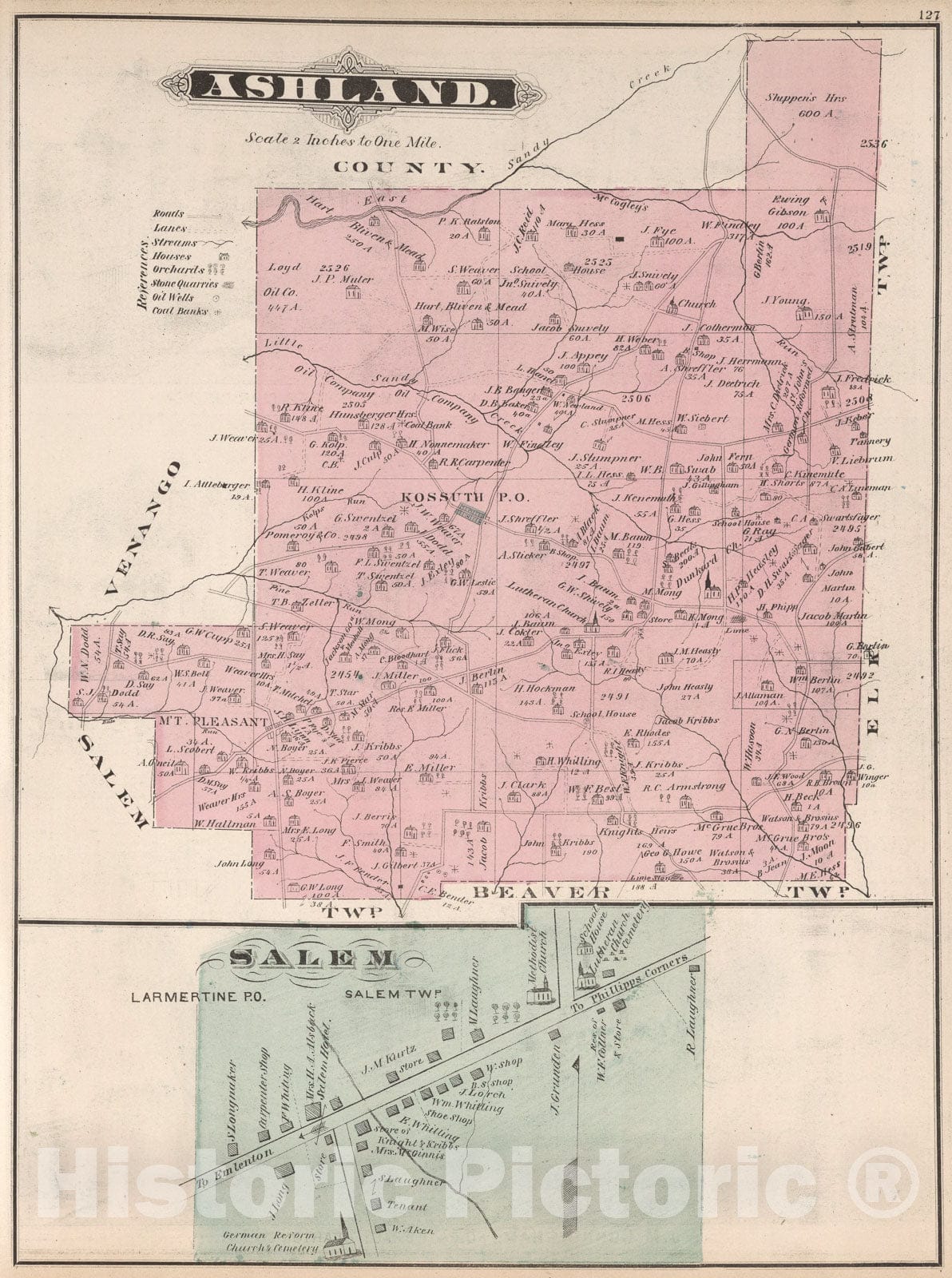 Historic Map : Ashland, Clarion County, Illinois. Salem, Pennsylvania., 1877, Vintage Wall Art