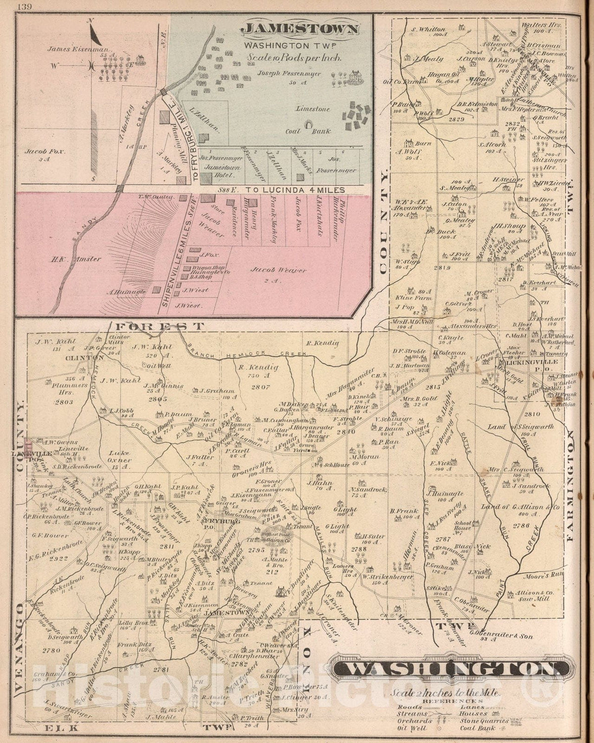 Historic Map : Washington, Clarion County, Pennsylvania. (inset) Jamestown (Marble)., 1877, Vintage Wall Art