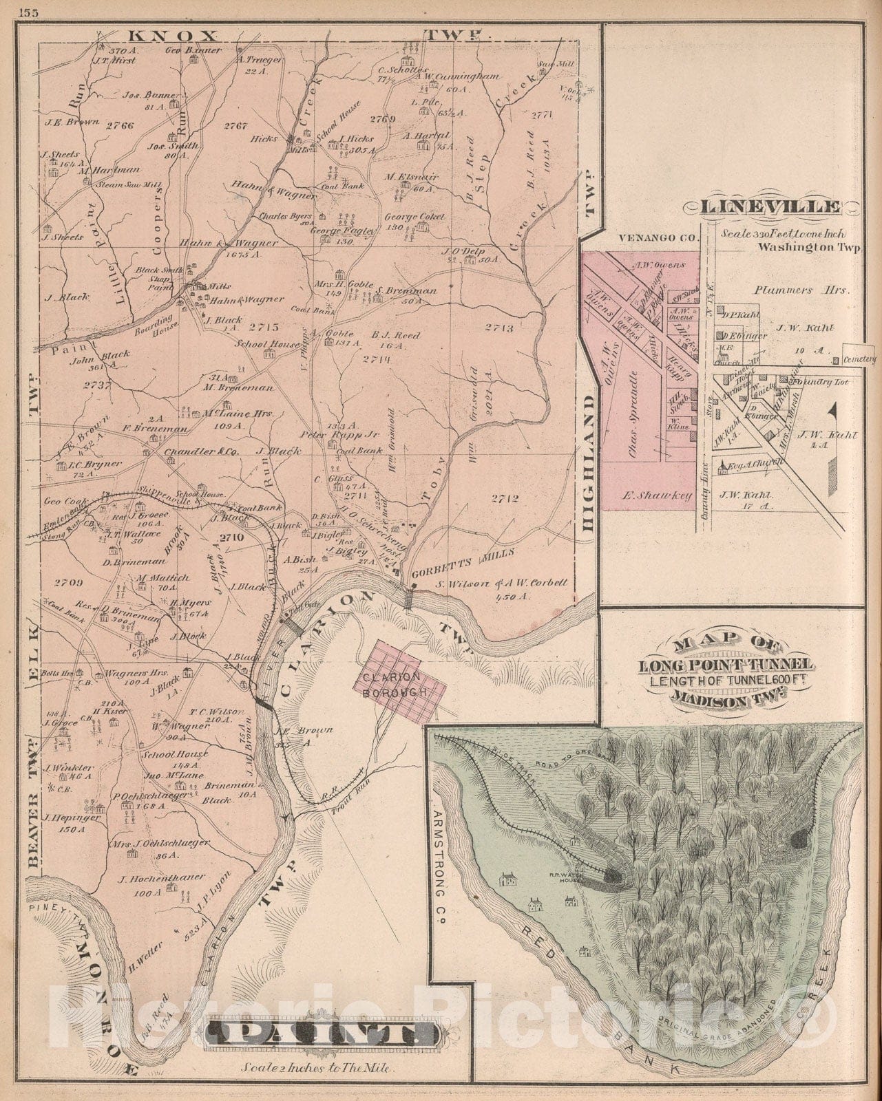 Historic Map : Paint, Clarion County, Pennsylvania. (insets) Lineville. Map of Long Point Tunnel., 1877, Vintage Wall Art