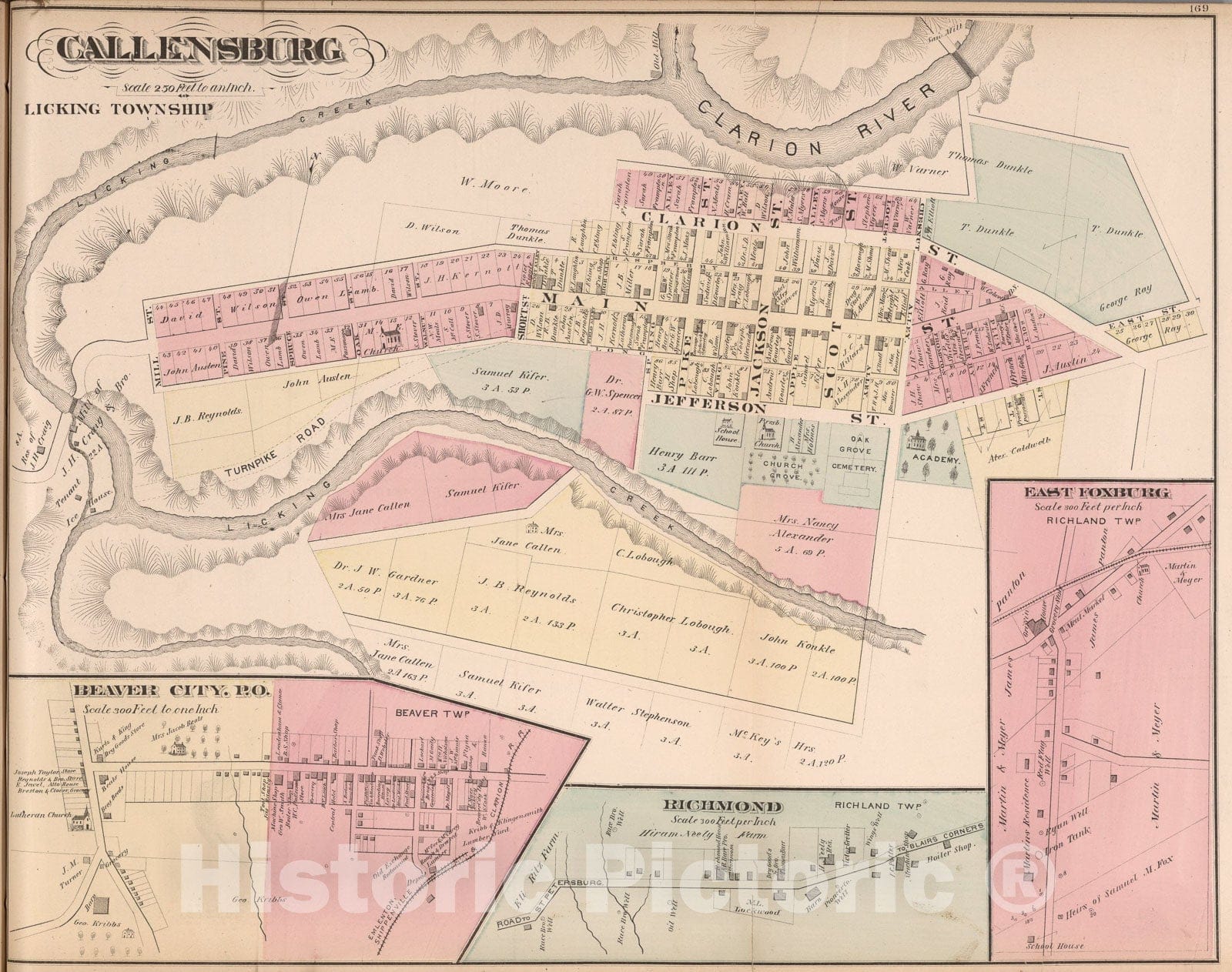 Historic Map : Callensburg. Beaver City P.O. Richmond. East Foxburg, Pennsylvania., 1877, Vintage Wall Art