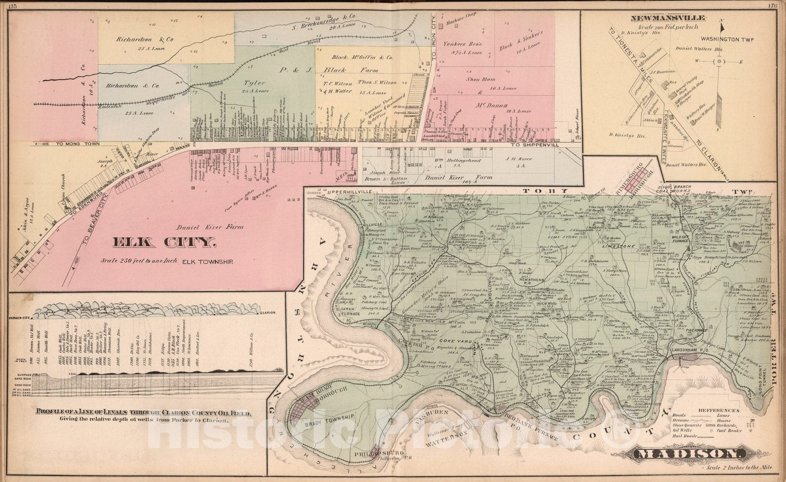 Historic Map : Madison, Clarion County, Pennsylvania. Elk City. Newmansville. Profile of Clarion County Oil Fields., 1877, Vintage Wall Art