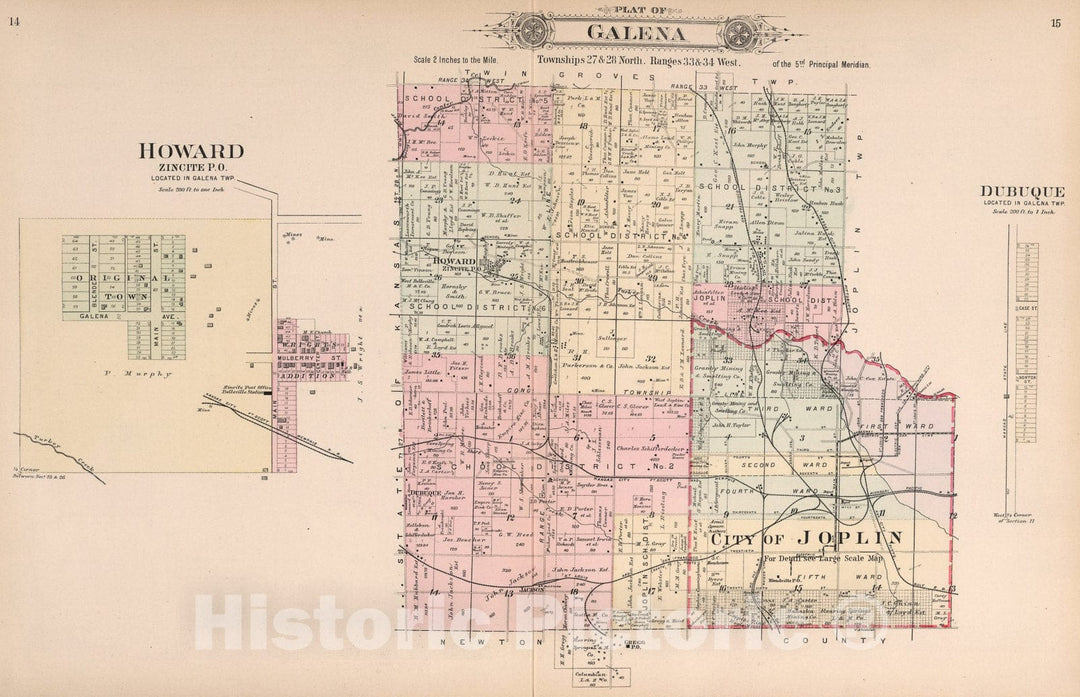 Historic Map : Plat of Galena, Missouri. Howard, Zincite P.O. Dubuque., 1895, Vintage Wall Art