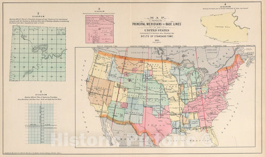 Historic Map : Principal Meridians and Base Lines in the United States., 1895, Vintage Wall Art