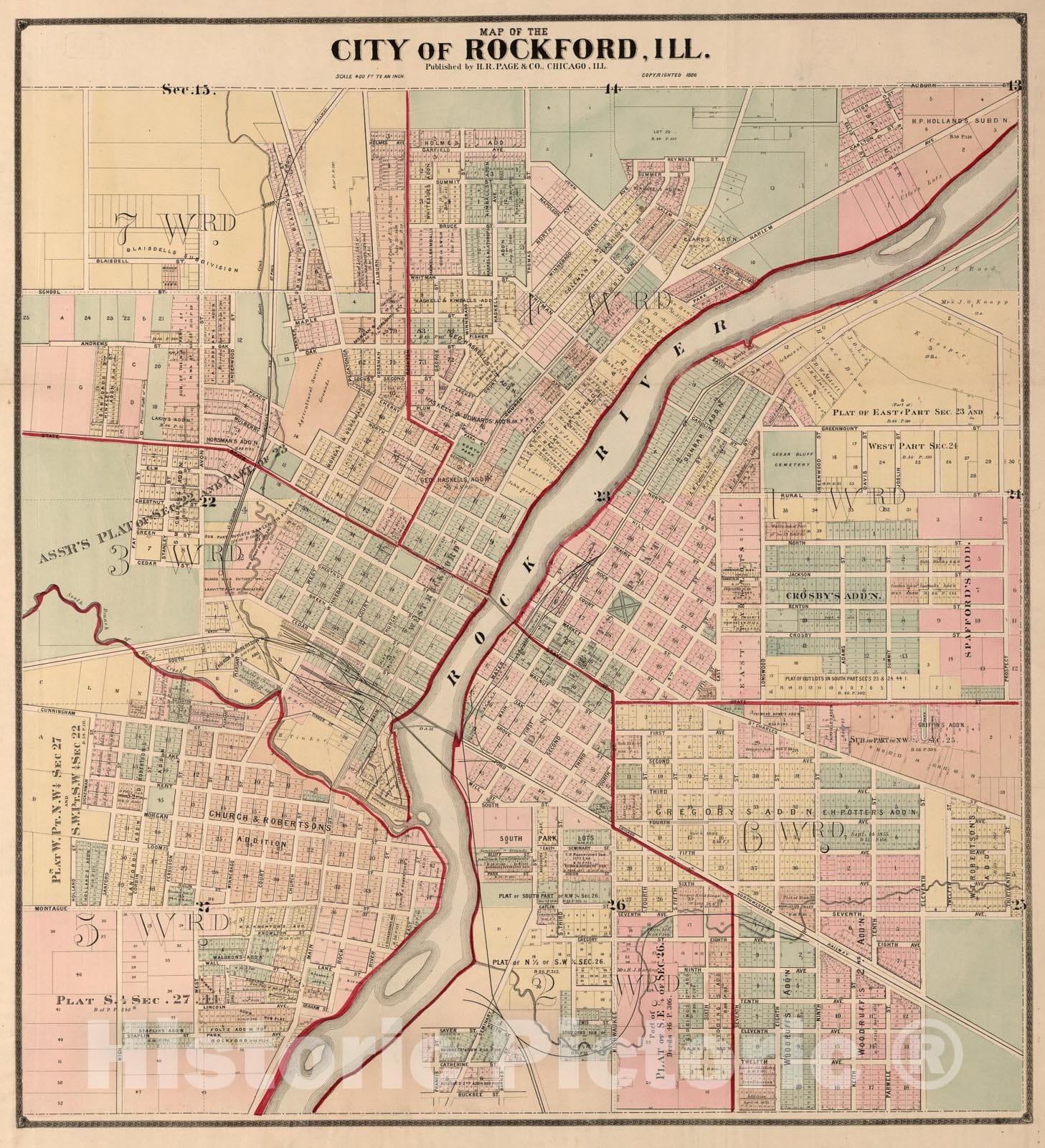 Rockford, Illinois - Property Map, 1886 - Historical Map Print