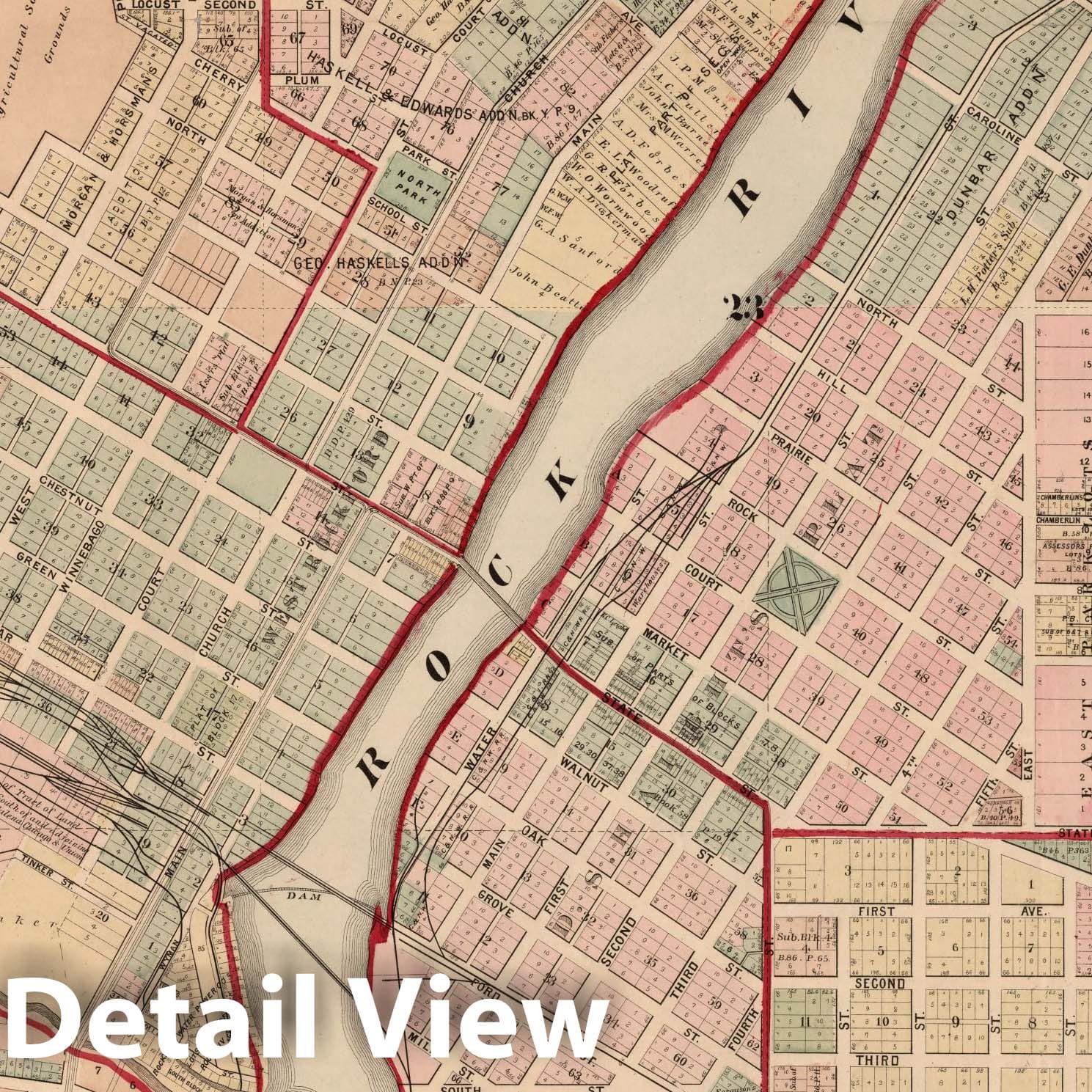 Rockford, Illinois - Property Map, 1886 - Historical Map Print