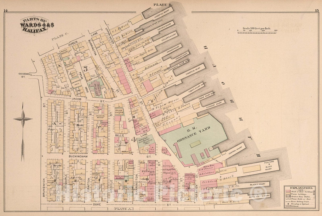Historic Map : Plate B. Parts of Wards four & 5, Halifax., 1878, Vintage Wall Art