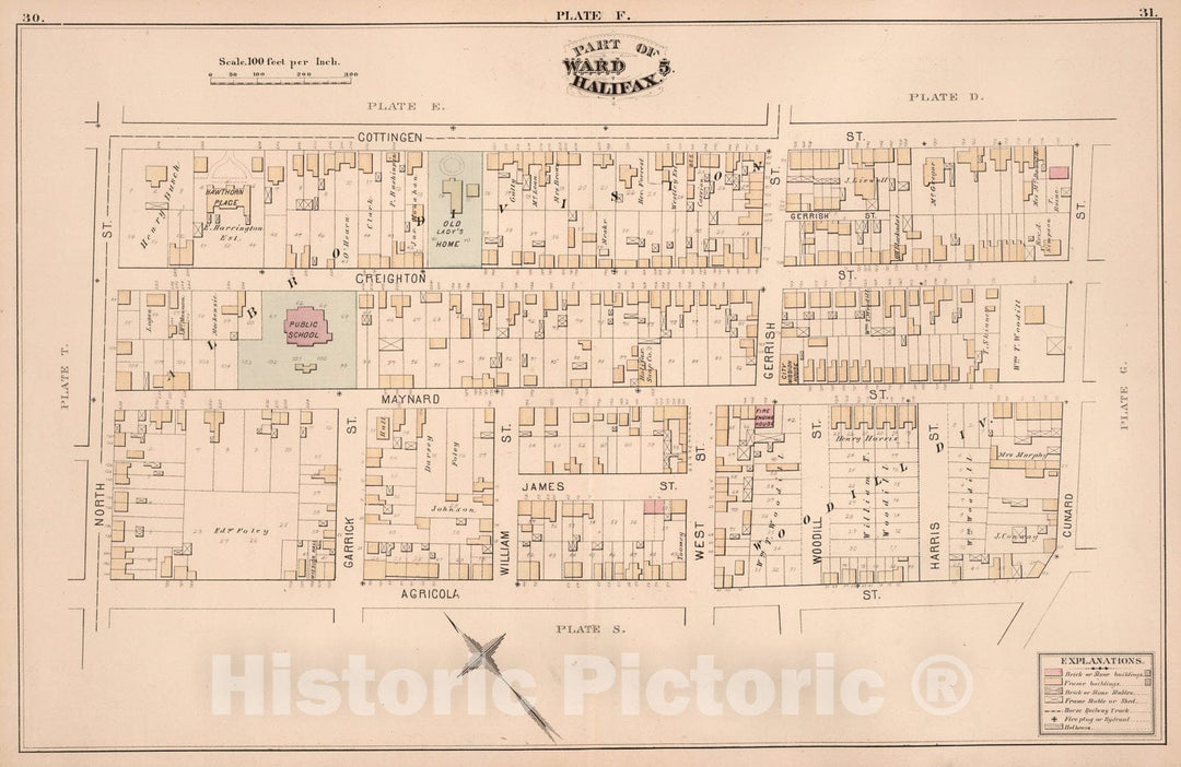 Historic Map : Plate F. Part of Ward 5, Halifax., 1878, Vintage Wall Art