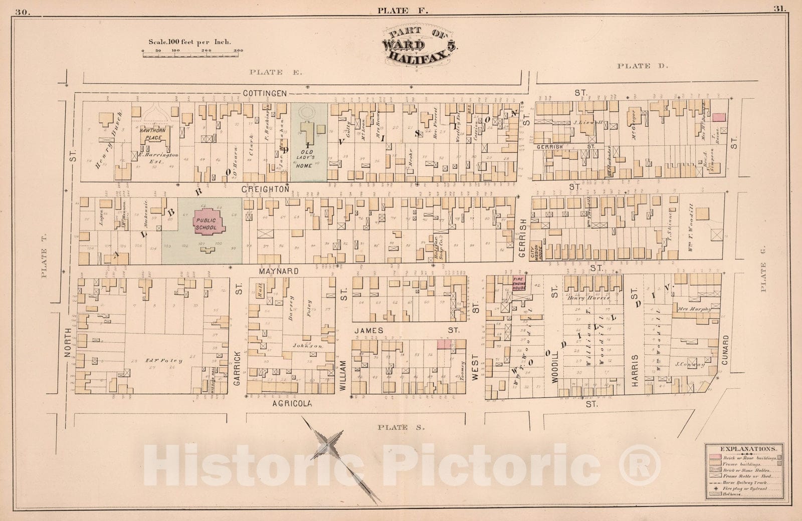 Historic Map : Plate F. Part of Ward 5, Halifax., 1878, Vintage Wall Art