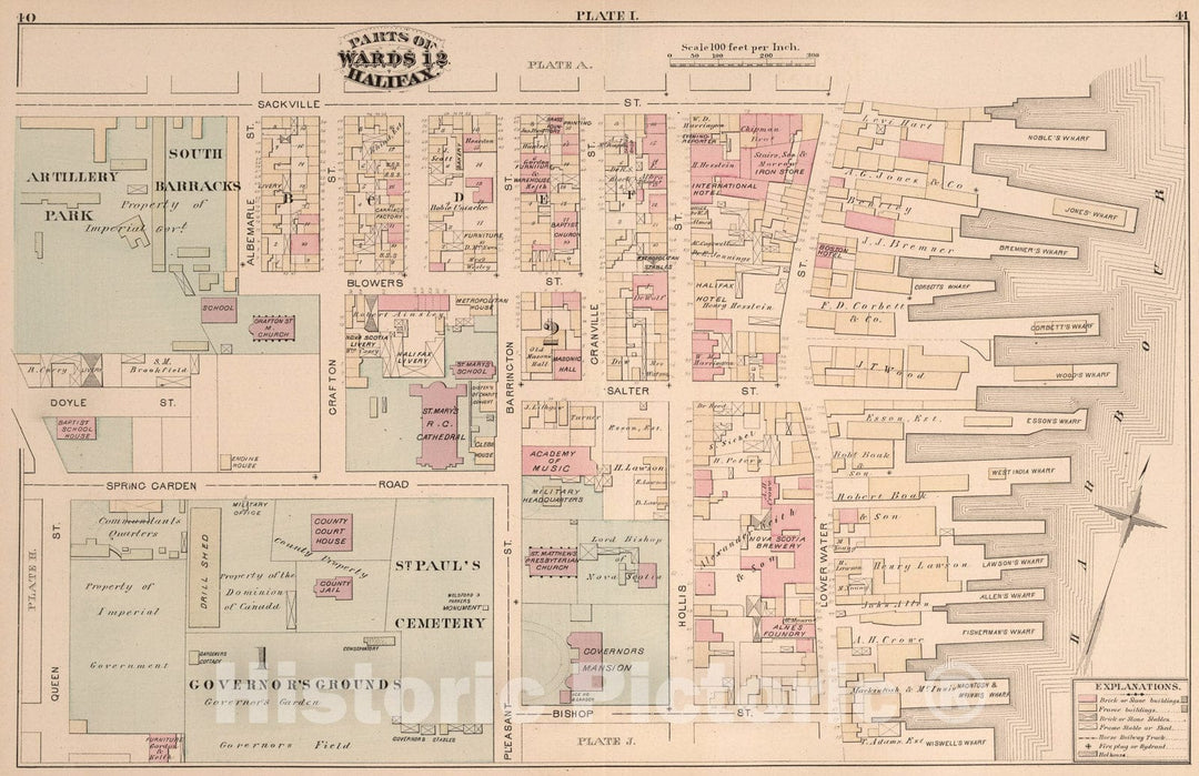 Historic Map : Plate I. Parts of Wards 1, 2, Halifax., 1878, Vintage Wall Art