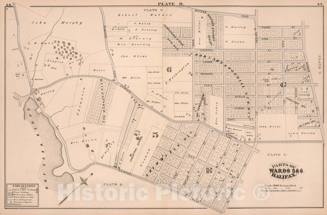 Historic Map : Plate R. Parts of Wards five & 6, Halifax., 1878, Vintage Wall Art