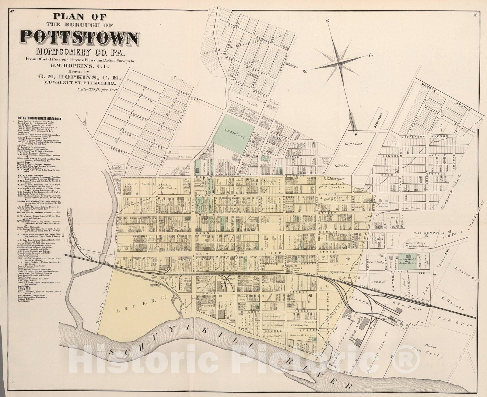 Historic Map : Borough of Pottstown, Montgomery County, Pennsylvania., 1871, Vintage Wall Art