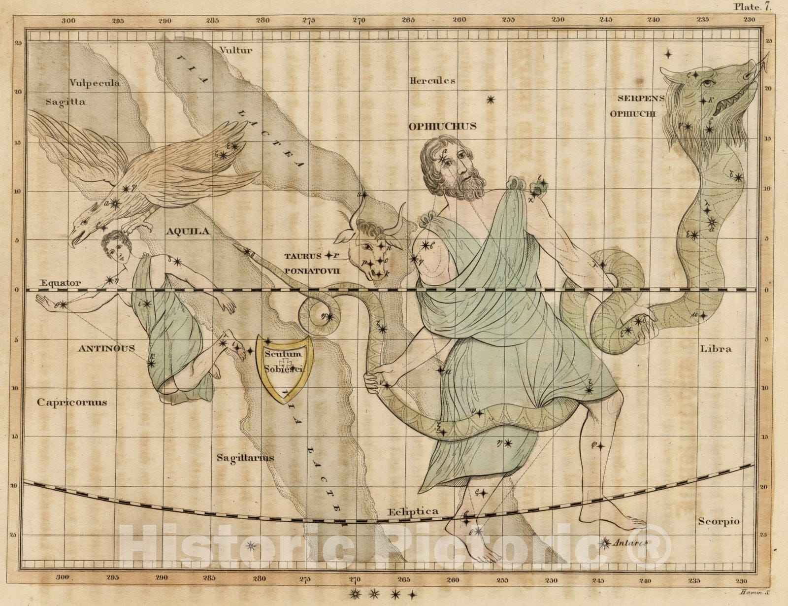 Historic Map : Constellations near Ophiuchus & Serpens., 1824, Vintage Wall Art