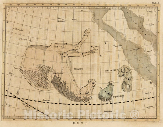 Historic Map : Constellations near Delphinus., 1824, Vintage Wall Art
